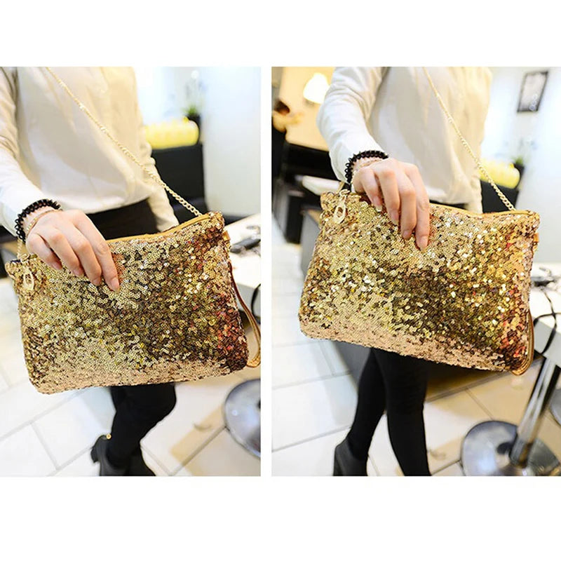 Women Glitter Sequins Envelope Clutch Bag Wallet Purse Silver