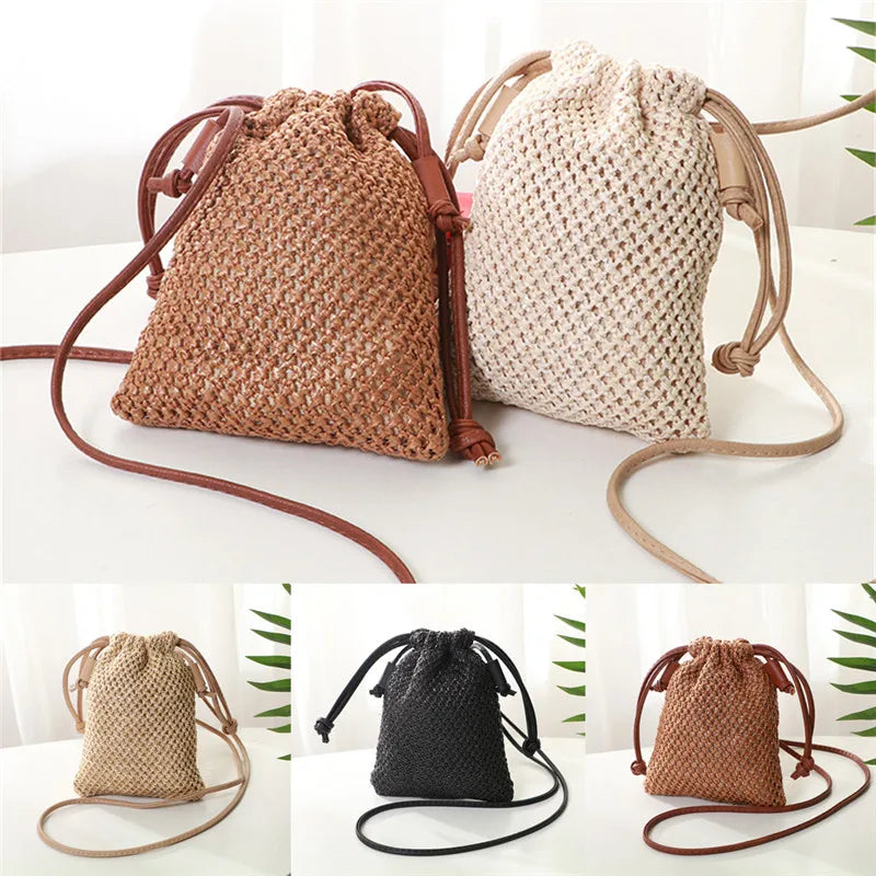 Women Straw Bag Rattan Tote Handbag Woven Beach Shoulder Bags Drawstring