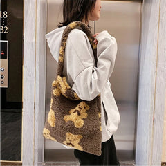 Plush Bear Shoulder Bag Winter Cartoon Handbag Girls School Bag