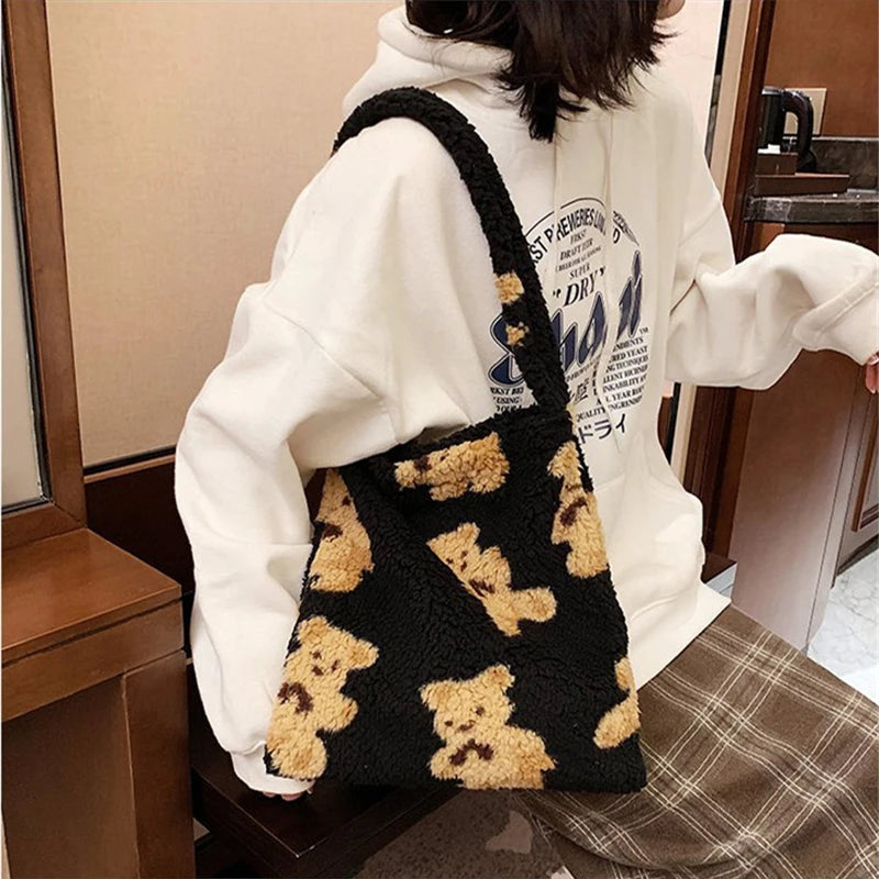 Plush Bear Shoulder Bag Winter Cartoon Handbag Girls School Bag