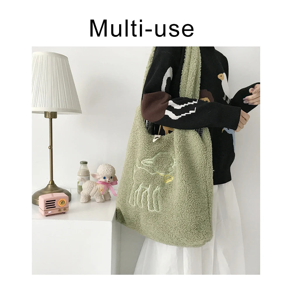 Women Lamb Fabric Shoulder Bag Handbag Tote Large Capacity Shopping Bag