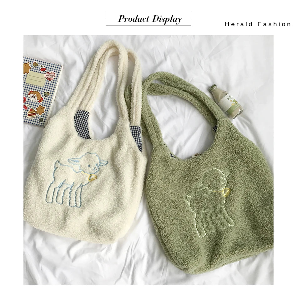 Women Lamb Fabric Shoulder Bag Handbag Tote Large Capacity Shopping Bag