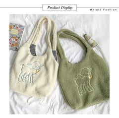 Women Lamb Fabric Shoulder Bag Handbag Tote Large Capacity Shopping Bag