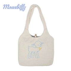 Women Lamb Fabric Shoulder Bag Handbag Tote Large Capacity Shopping Bag