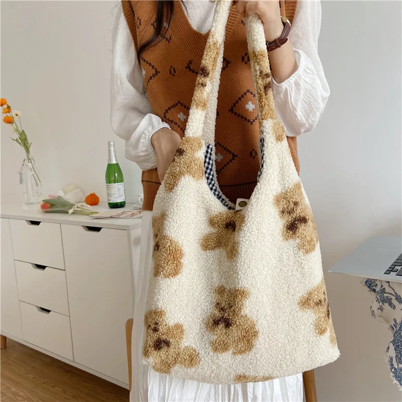 Fluffy Fur Bear Shoulder Tote Bag Soft Shopping Bag F111408