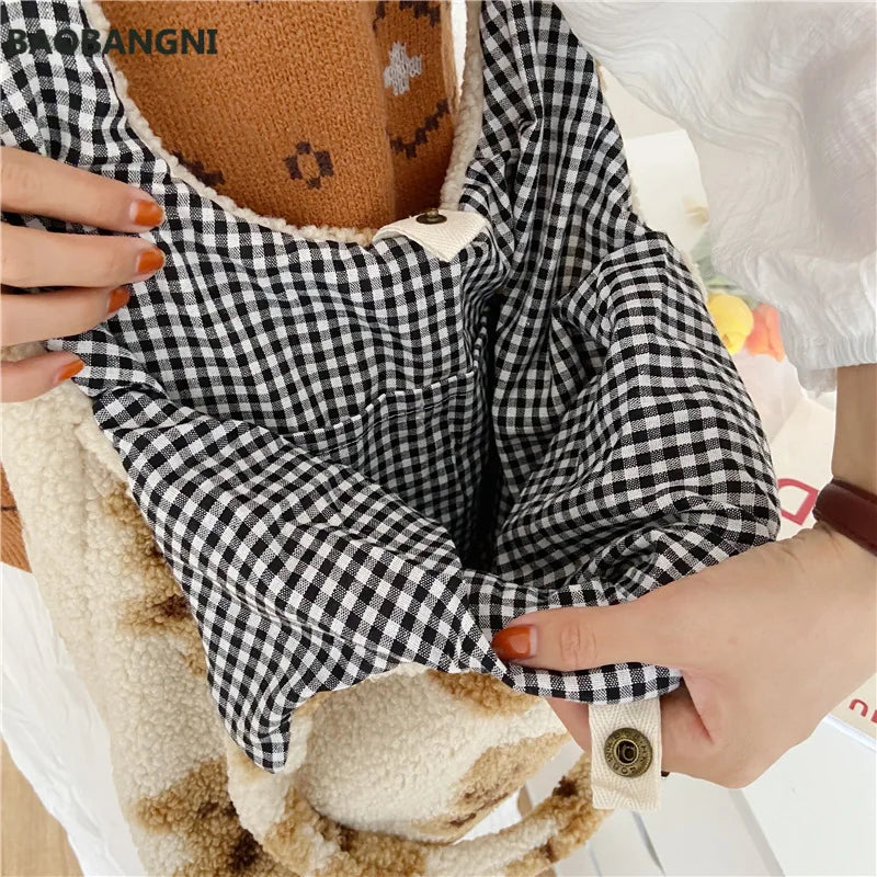 Women Lamb Fabric Shoulder Tote Bag Fluffy Fur Handbags