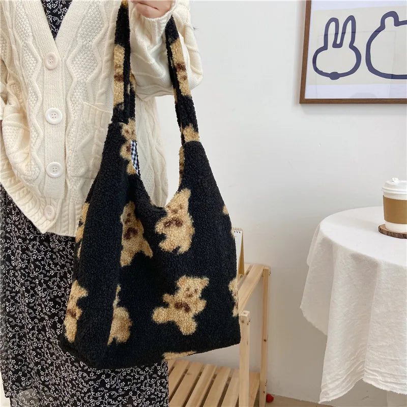 Fluffy Fur Bear Shoulder Tote Bag Soft Shopping Bag F111408