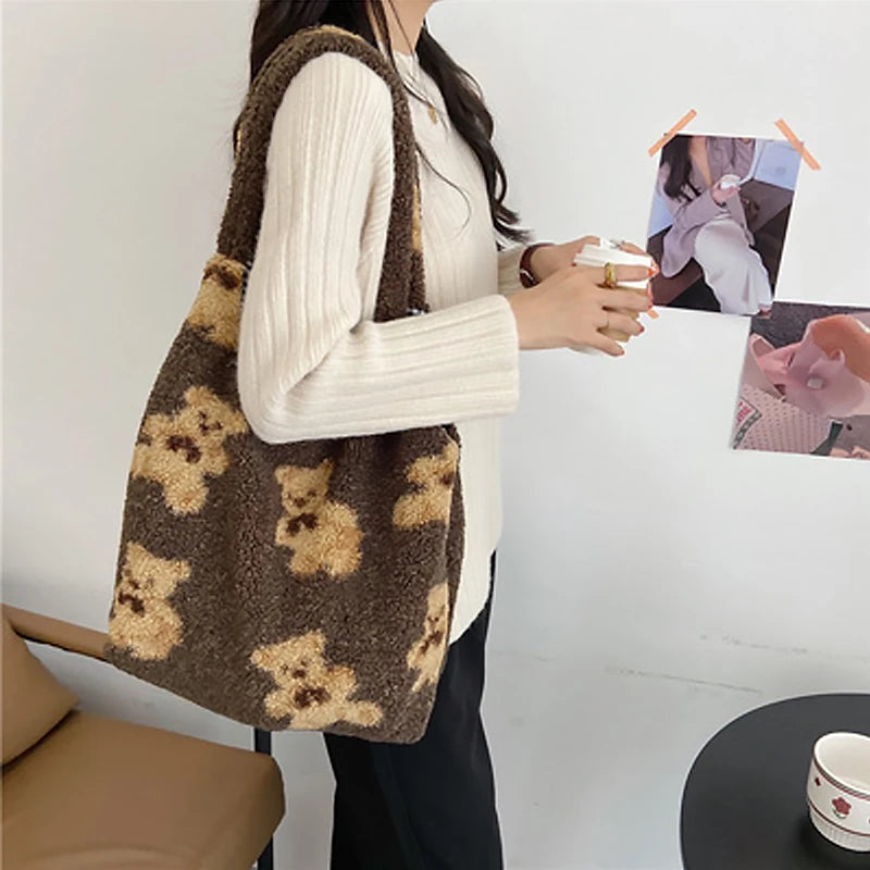 Women Lamb Fabric Shoulder Tote Bag Fluffy Fur Handbags Large Capacity