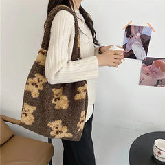 Women Lamb Fabric Shoulder Tote Bag Fluffy Fur Handbags Large Capacity