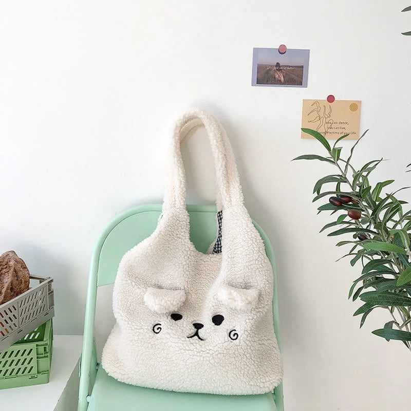 Soft Lamb Fabric Shoulder Tote Bag Fluffy Fur Bear Handbag
