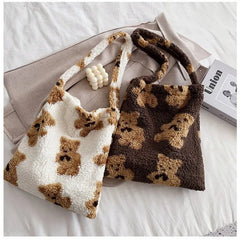 Women Lamb Fabric Tote Bag Fluffy Fur Bear Handbags Large Capacity Soft