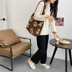 Women Lamb Fabric Tote Bag Fluffy Fur Bear Handbags Large Capacity Soft Shopping