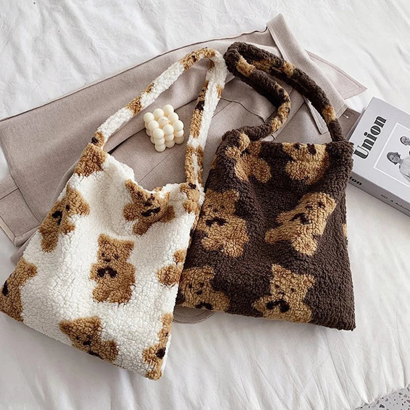 Fluffy Fur Bear Handbags Large Capacity Soft Shopping Bags Girls School Bag