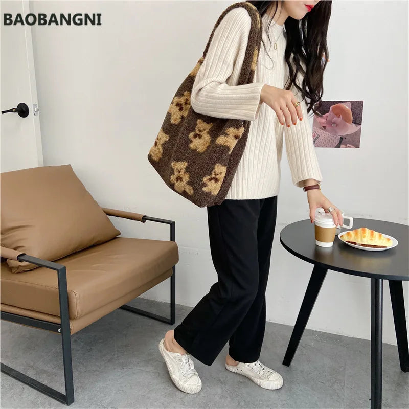 Women Lamb Fabric Shoulder Tote Bag Fluffy Fur Handbags