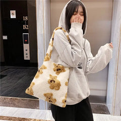 Fluffy Fur Bear Shoulder Tote Bag Soft Shopping Bags Girls School Bag