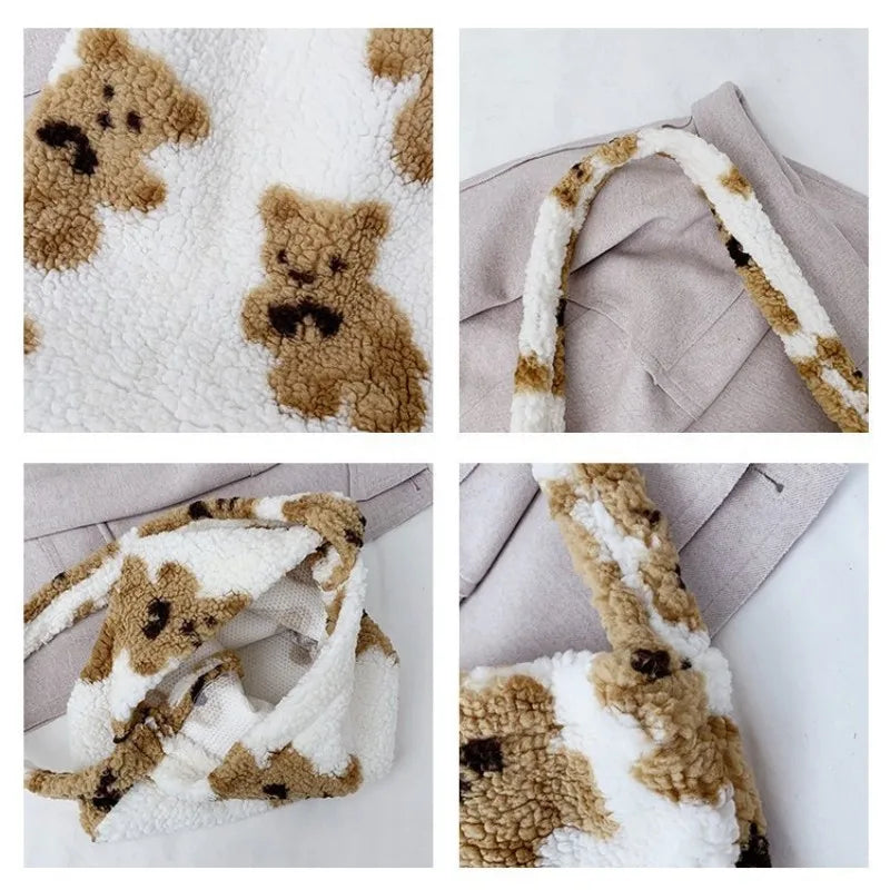 Women Lamb Fabric Shoulder Tote Bag Fluffy Bear Handbags Soft Shopping Bags