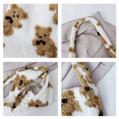 Women Lamb Fabric Shoulder Tote Bag Fluffy Bear Handbags Soft Shopping Bags