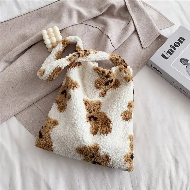 Fluffy Fur Bear Shoulder Tote Bag Soft Shopping Bags Girls School Bag