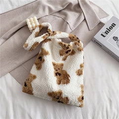 Fluffy Fur Bear Shoulder Tote Bag Soft Shopping Bags Girls School Bag