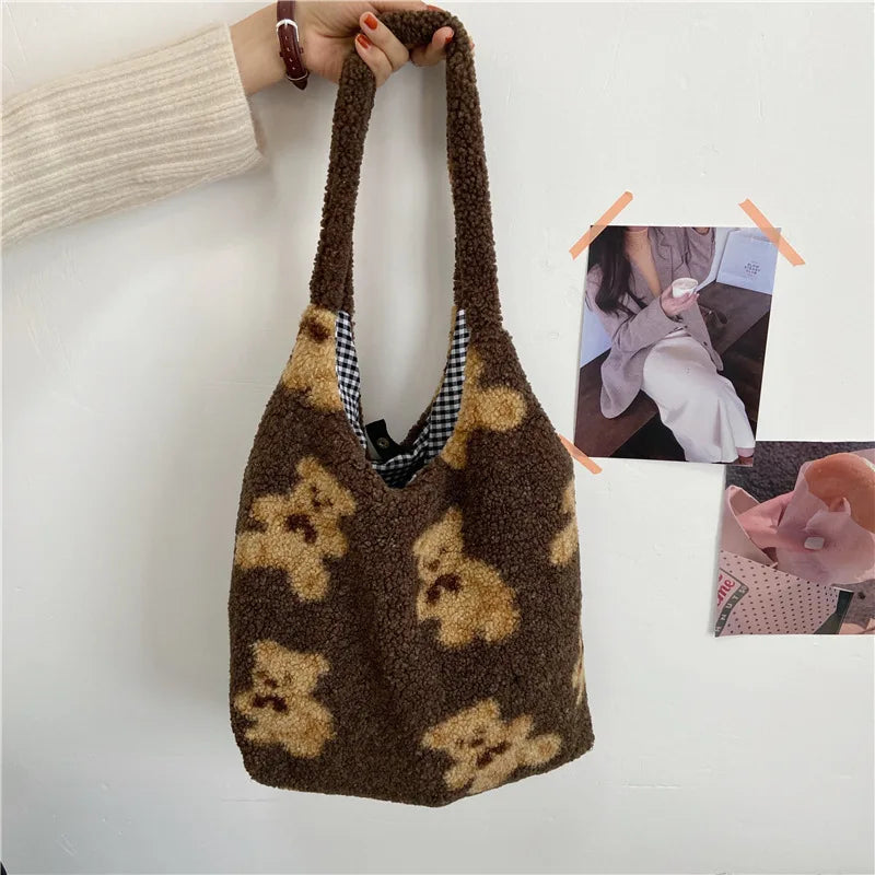 Fluffy Fur Bear Shoulder Tote Bag Soft Shopping Bag F111408