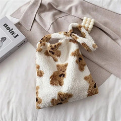 Women Lamb Fabric Shoulder Tote Bag Fluffy Bear Handbags Large Capacity