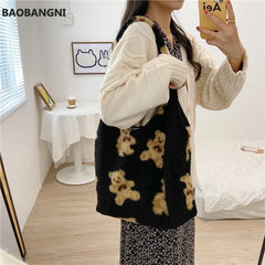 Women Lamb Fabric Shoulder Tote Bag Fluffy Fur Handbags