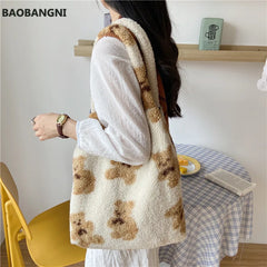 Women Lamb Fabric Shoulder Tote Bag Fluffy Fur Handbags