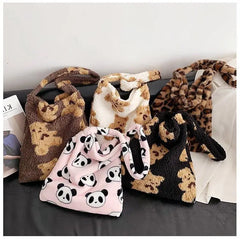 Women Fluffy Fur Bear Shoulder Tote Bag Soft Shopping Bag Large Capacity