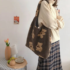 Women Lamb Like Fabric Shoulder Tote Bag Canvas Fluffy Fur Bear Handbags