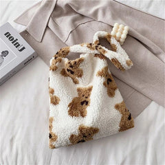 Fluffy Fur Bear Handbags Large Capacity Soft Shopping Bags Girls School Bag