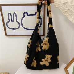 Soft Shoulder Tote Bag Canvas Fluffy Fur Bear Handbags Large Capacity