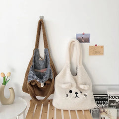 Soft Lamb Fabric Shoulder Tote Bag Fluffy Fur Bear Handbag
