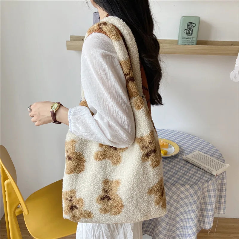 Soft Shoulder Tote Bag Canvas Fluffy Fur Bear Handbags Large Capacity