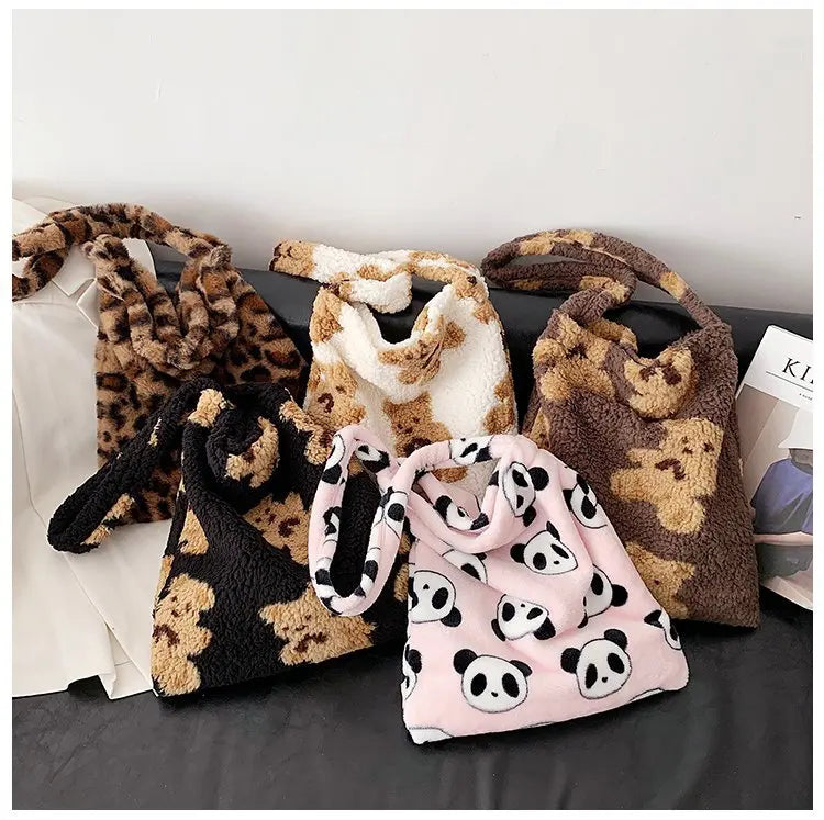 Fluffy Fur Bear Shoulder Tote Bag Soft Shopping Bags Girls School Bag