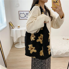 Soft Shoulder Tote Bag Canvas Fluffy Fur Bear Handbags Large Capacity
