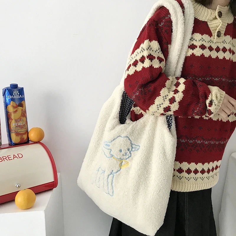 Women Fluffy Shoulder Tote Bag Canvas Handbags Large Capacity Soft Shopping Bag