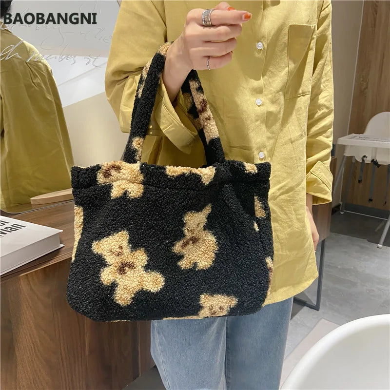 Women Lamb Fabric Shoulder Tote Bag Plush Fur Bear Handbag