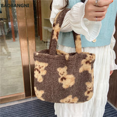 Women Lamb Fabric Shoulder Tote Bag Plush Fur Bear Handbag