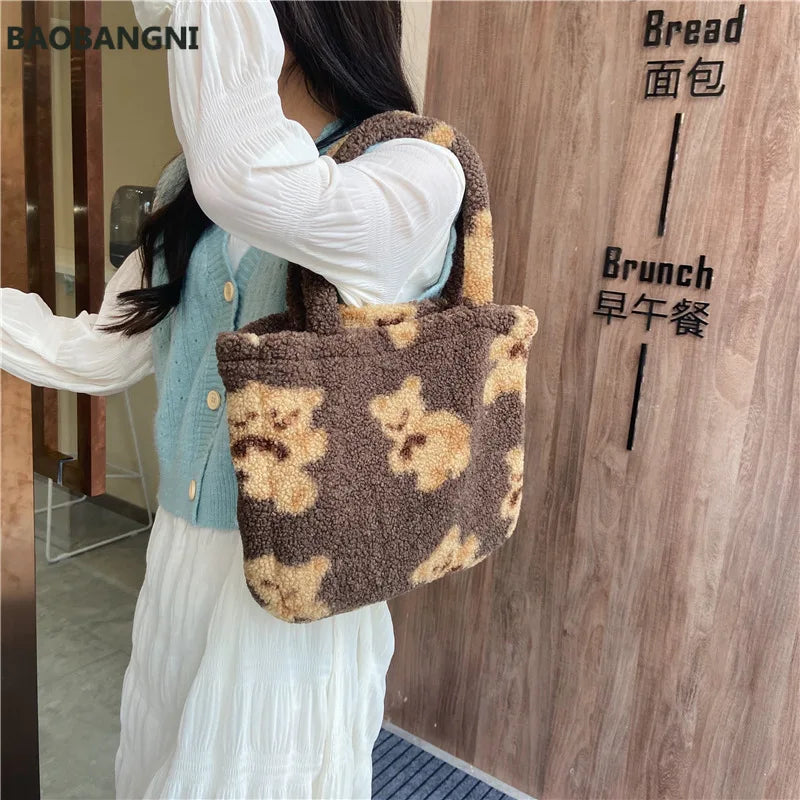 Women Lamb Fabric Shoulder Tote Bag Plush Fur Bear Handbag