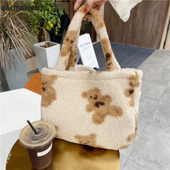 Women Lamb Fabric Shoulder Tote Bag Plush Fur Bear Handbag