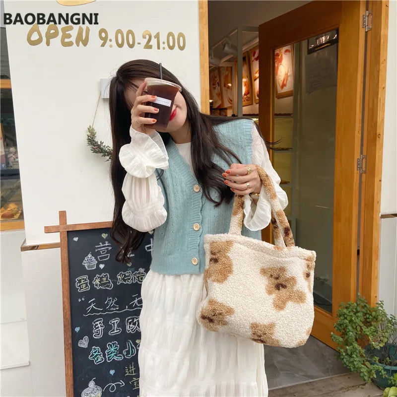 Women Lamb Fabric Shoulder Tote Bag Plush Fur Bear Handbag