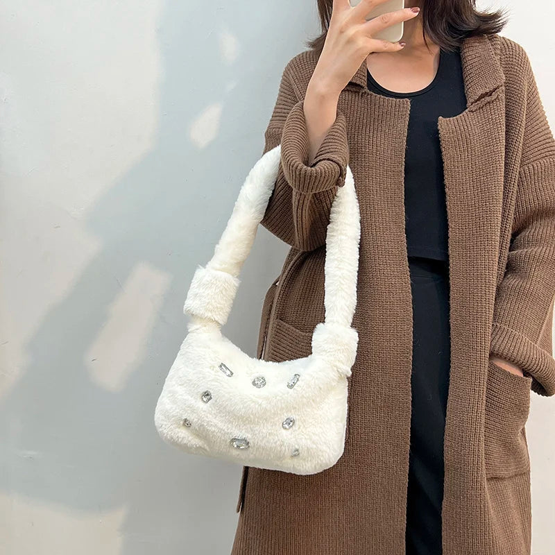 Fluffy Shoulder Tote Bag Faux Fur Stud Diamonds Small Purse