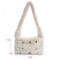 Fluffy Shoulder Tote Bag Faux Fur Stud Diamonds Small Purse