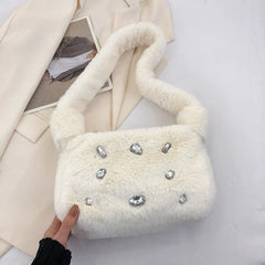 Fluffy Shoulder Tote Bag Faux Fur Stud Diamonds Small Purse