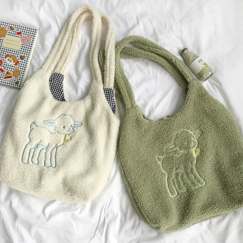 Embroidery Lambswool Shoulder Bag Canvas Handbags Tote Large Capacity Book Bags