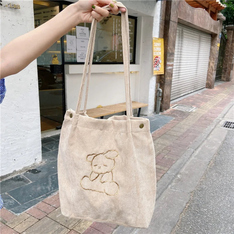 Corduroy Tote Bag Eco Reusable Shopping Handbag Bear Shoulder Bag