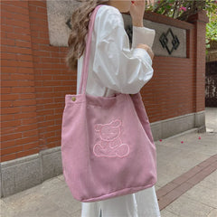 Corduroy Tote Bag Eco Reusable Shopping Handbag Bear Shoulder Bag