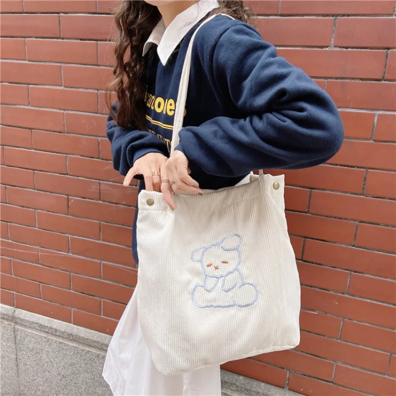 Corduroy Tote Bag Eco Reusable Shopping Handbag Bear Shoulder Bag