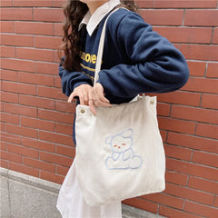 Corduroy Tote Bag Eco Reusable Shopping Handbag Bear Shoulder Bag
