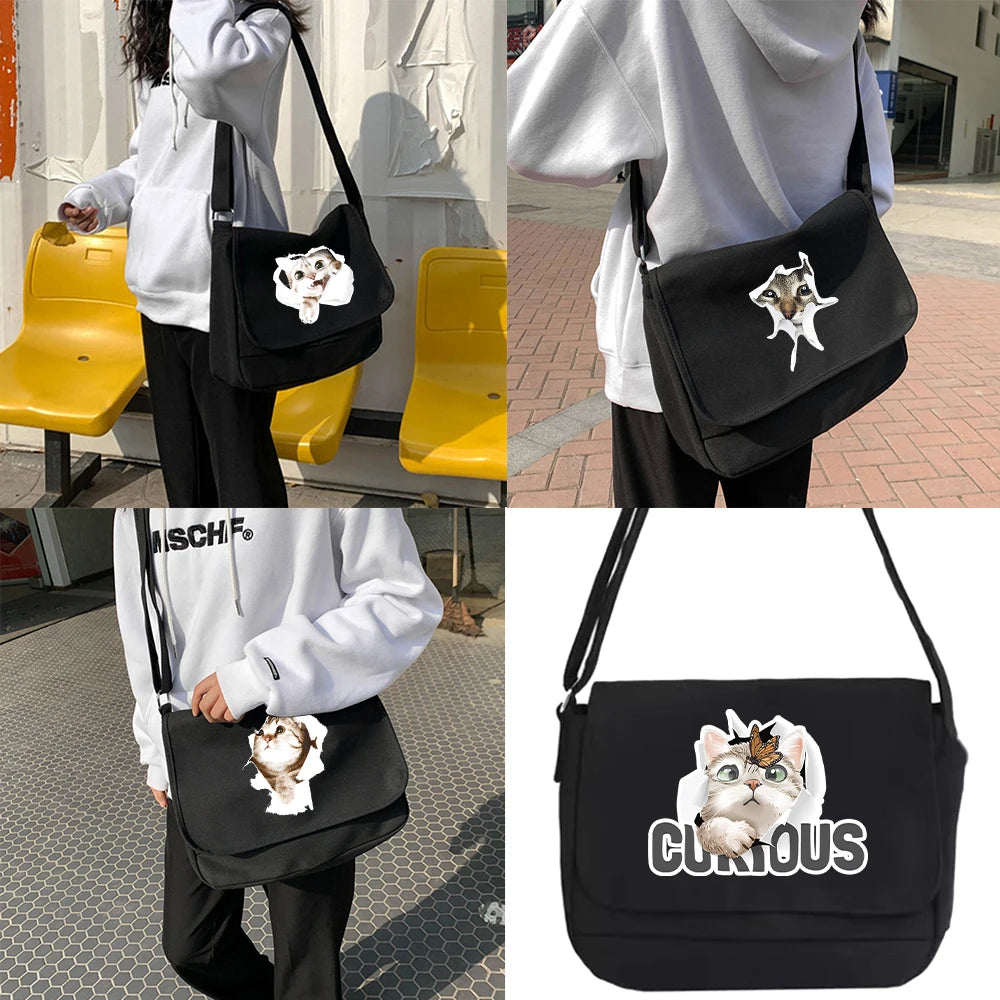 Canvas Crossbody Bag Cat Series Youth Satchel Unisex